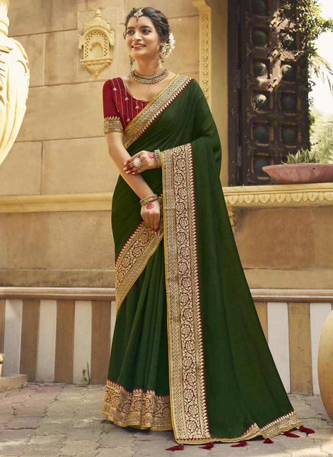 Vichitra Silk Dark Green Festival Wear Embroidery Work Saree